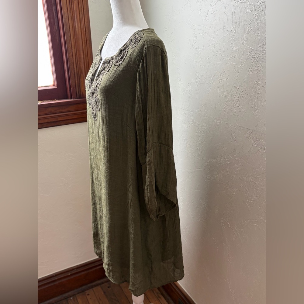 Indigo Rose Olive Green Gauze Tunic Dress Crochet Lace Neckline 2X - Picture 5 of 8